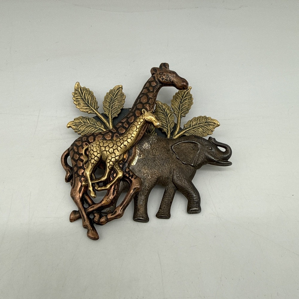 Vintage Mixed Metal Giraffes & Elephant Brooch Pin